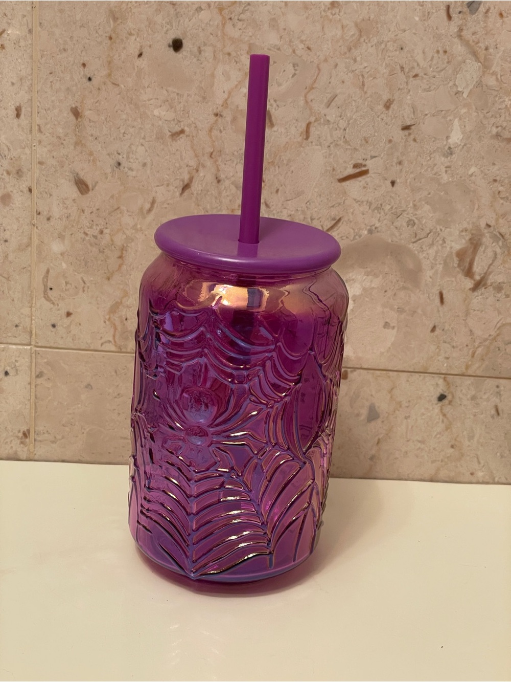 Purple Spiderweb Glass Drinking Jar with Lid and Straw